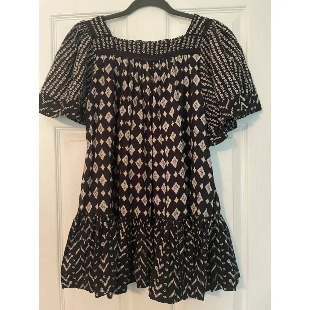free people top xs Black Babydoll‎ Flutter Sleeve Ruffle Boho Peasant Blouse